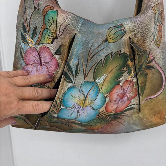 Anuschka Shoulder Bag Leather Hibiscus Flower Butterfly Hand Painted Handbag - Picture 3 of 14